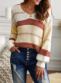 Womens Loose V Neck Sweater Oversized Ladies Color Block Knitted Tops Lantern Sleeve Pullover Shirts M 8-10