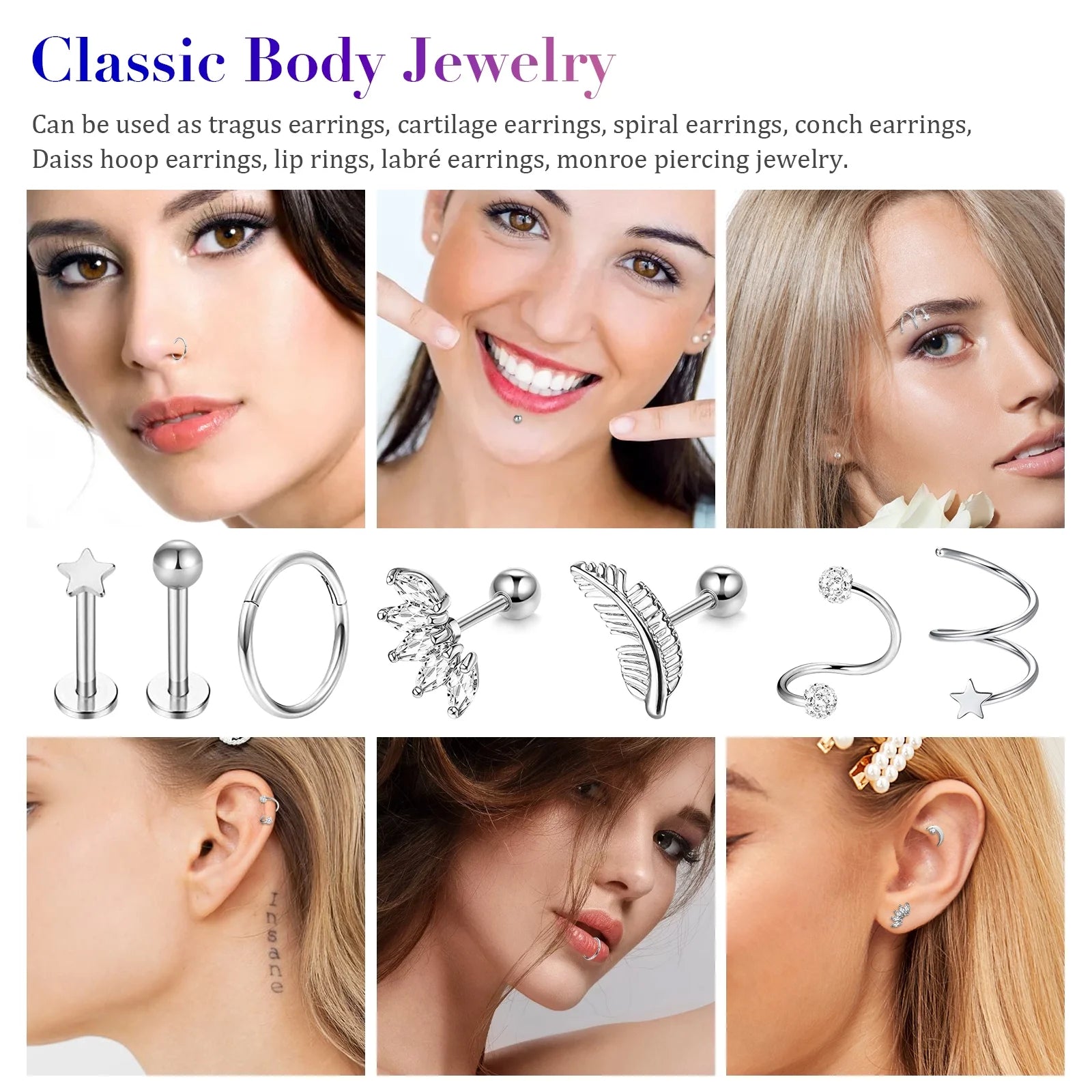 17Pcs Cartilage Hoop Earrings for Women,  16G Surgical Steel Tragus Earrings, Hinged Hoop Rings and Straight Bar Earrings Set, Stud Monroe Lip Rings Studs Rook Conch Earring Hoop Piercing Jewelry