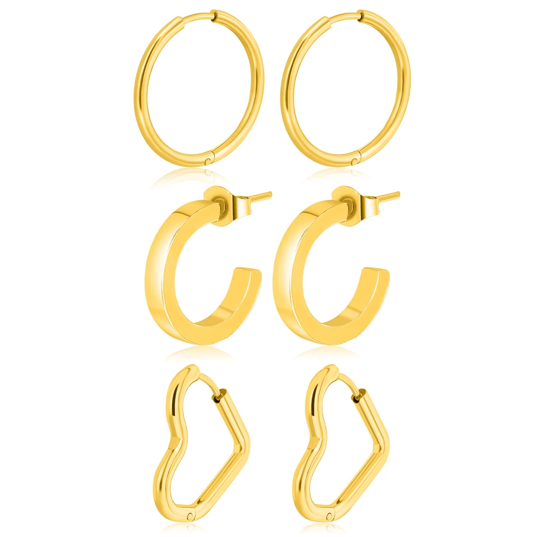 3 Pairs Women Earrings Multipack Gift Set in Yellow Gold Plating, Multipack Lightweight, Hoop Huggies Twist Huggie Earrings for Daily Office Wear