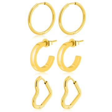 3 Pairs Women Earrings Multipack Gift Set in Yellow Gold Plating, Multipack Lightweight, Hoop Huggies Twist Huggie Earrings for Daily Office Wear