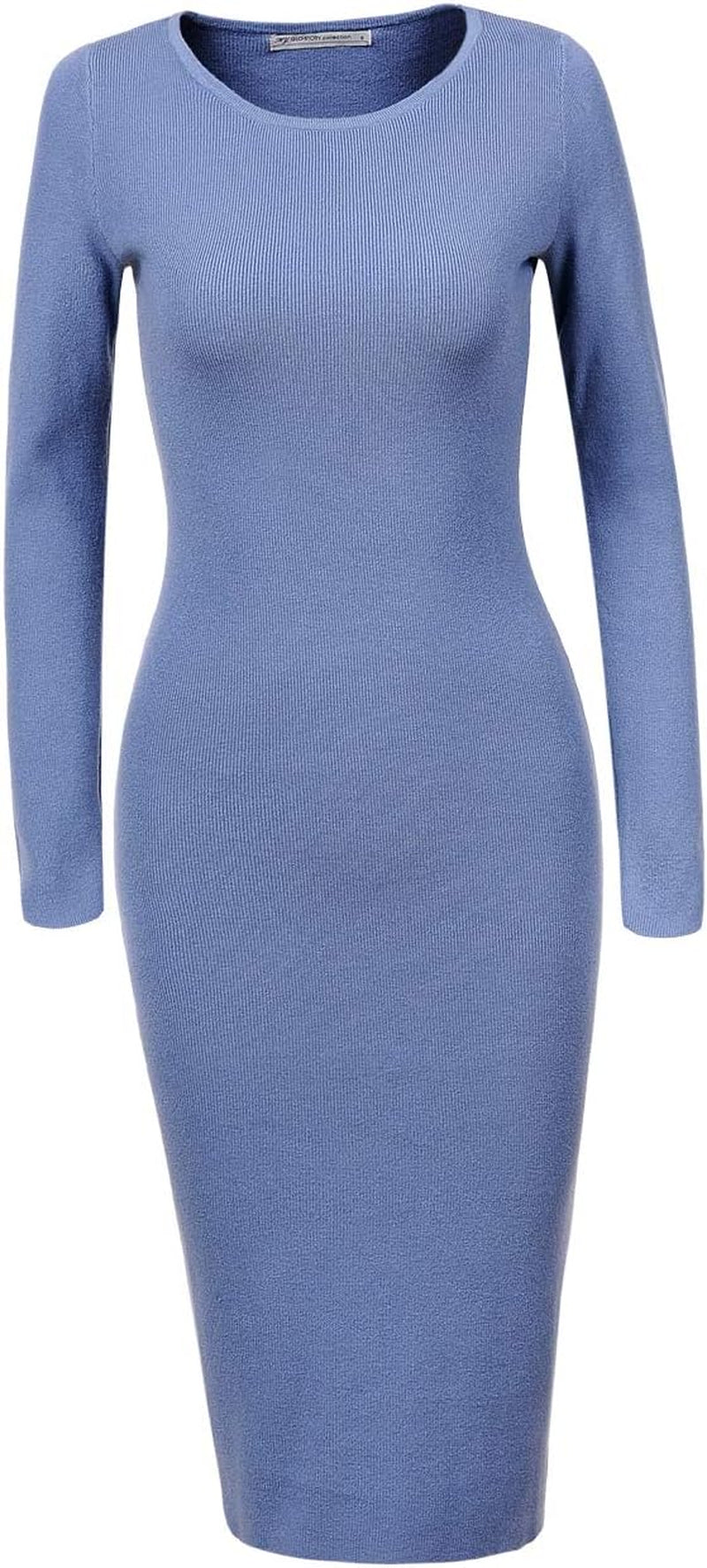 Women'S Knee Length Long Sleeve Knitted Ribbed Screw Neck Bodycon Winter Sweater Dresses 2616