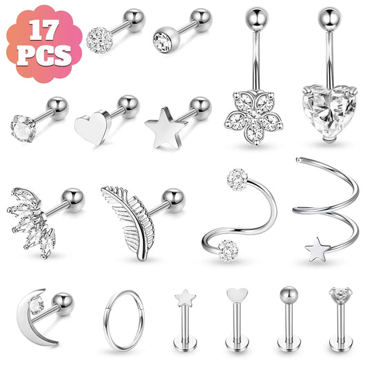 17Pcs Cartilage Hoop Earrings for Women,  16G Surgical Steel Tragus Earrings, Hinged Hoop Rings and Straight Bar Earrings Set, Stud Monroe Lip Rings Studs Rook Conch Earring Hoop Piercing Jewelry