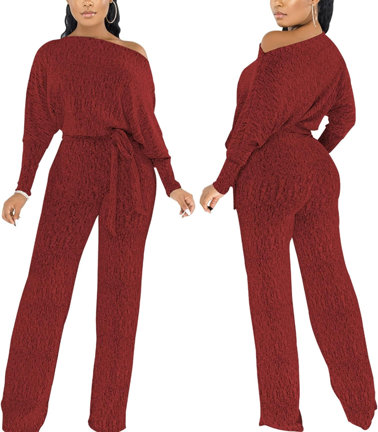 Sexy Sparkly Sequin Jumpsuits for Women Elegant plus Size off Shoulder Long Sleeves Wide Leg Pants Clubwear Rompers,Wine Red