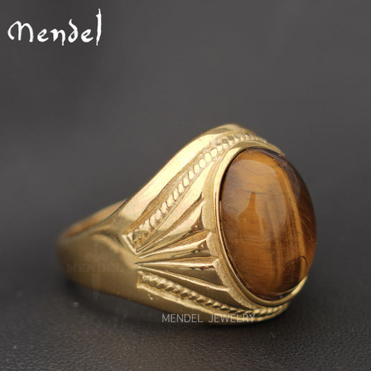 MENDEL Mens Stainless Steel Gold Plated Natural Tiger Eye Stone Ring Size 7-15