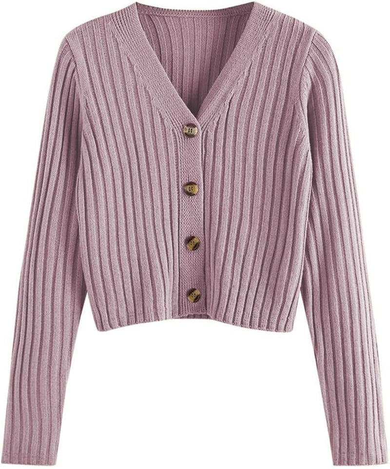 Women'S V Neck Ribbed Button up Cardigan Solid Knitwear Long Sleeve Surplice Crop Tops Sweaters