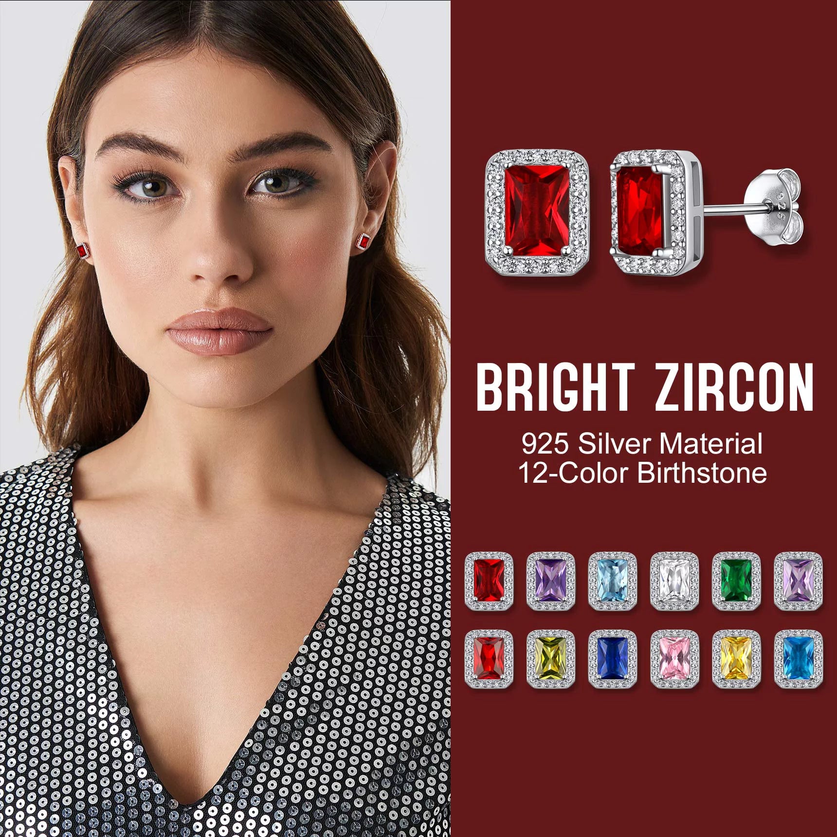 Square Diamond Stud Earrings January Garnet Birthstone Earrings, Sterling Silver Earrings Birthday Jewelry Gift for Women