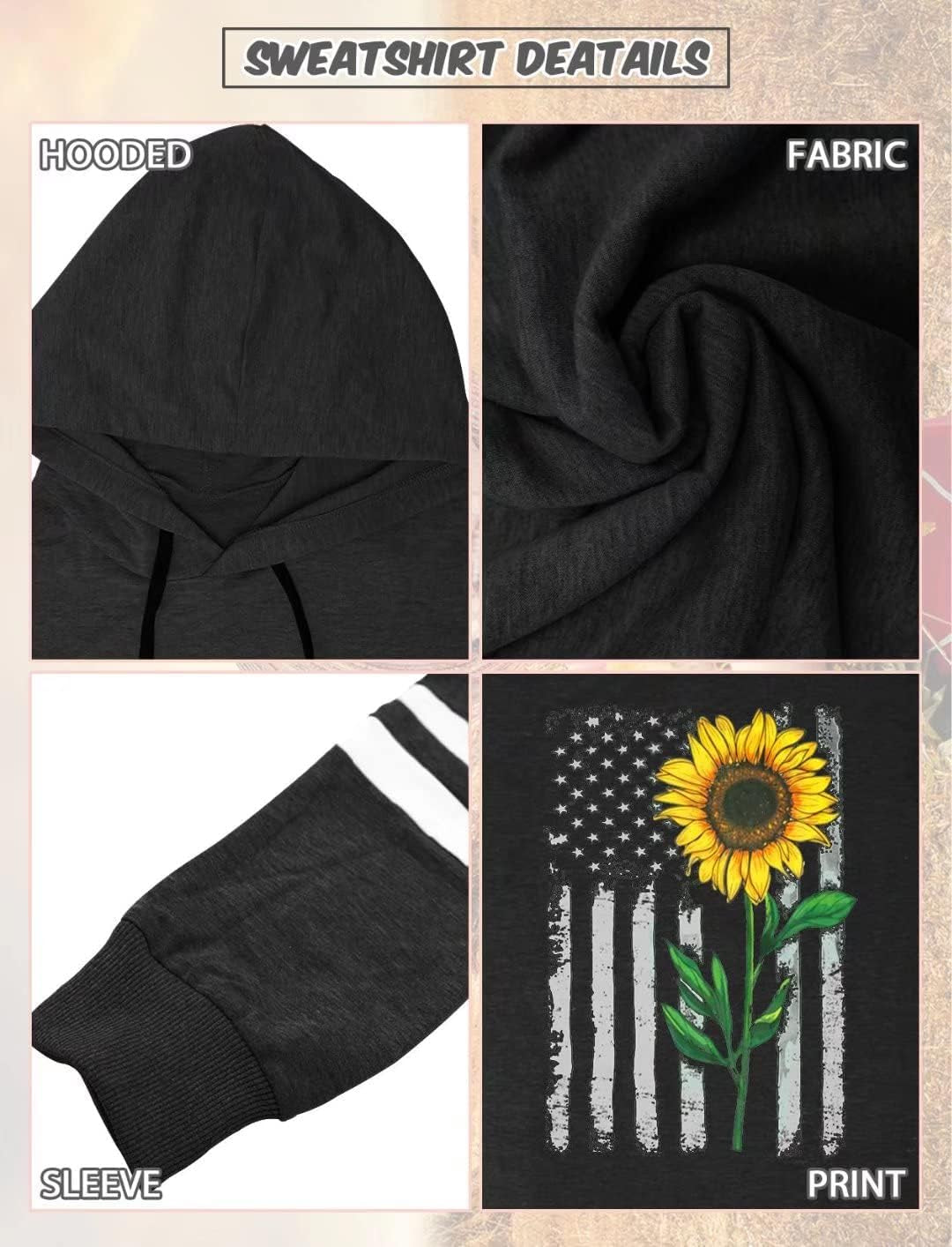 Women Sunflower Print Sweatshirts Color Block Long Sleeve Hoodies Lightweight Drawstring Pullover Tops