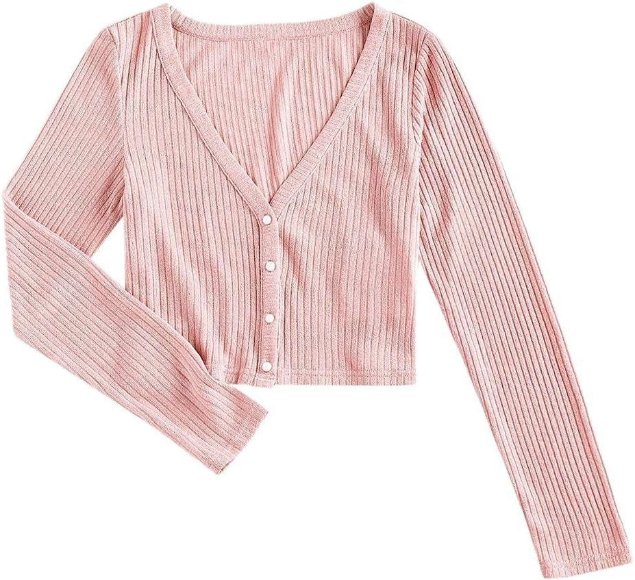 Women'S V Neck Ribbed Button up Cardigan Solid Knitwear Long Sleeve Surplice Crop Tops Sweaters