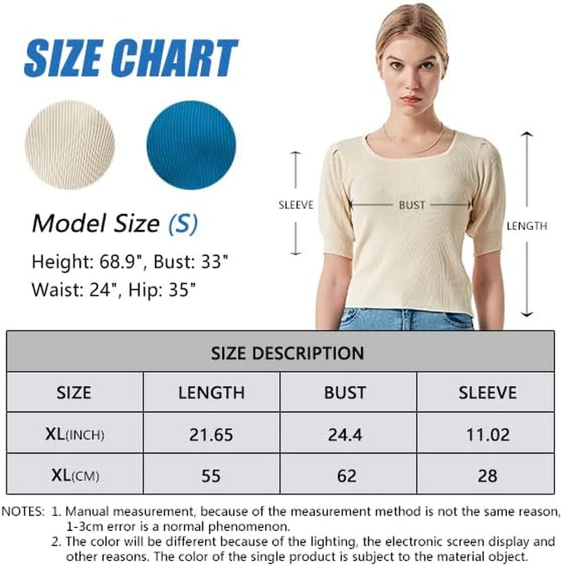 Women'S Short Sleeve Square Collar T-Shirt Puff Sleeve Knit Rib Crop Tops Solid Color Casual Tee