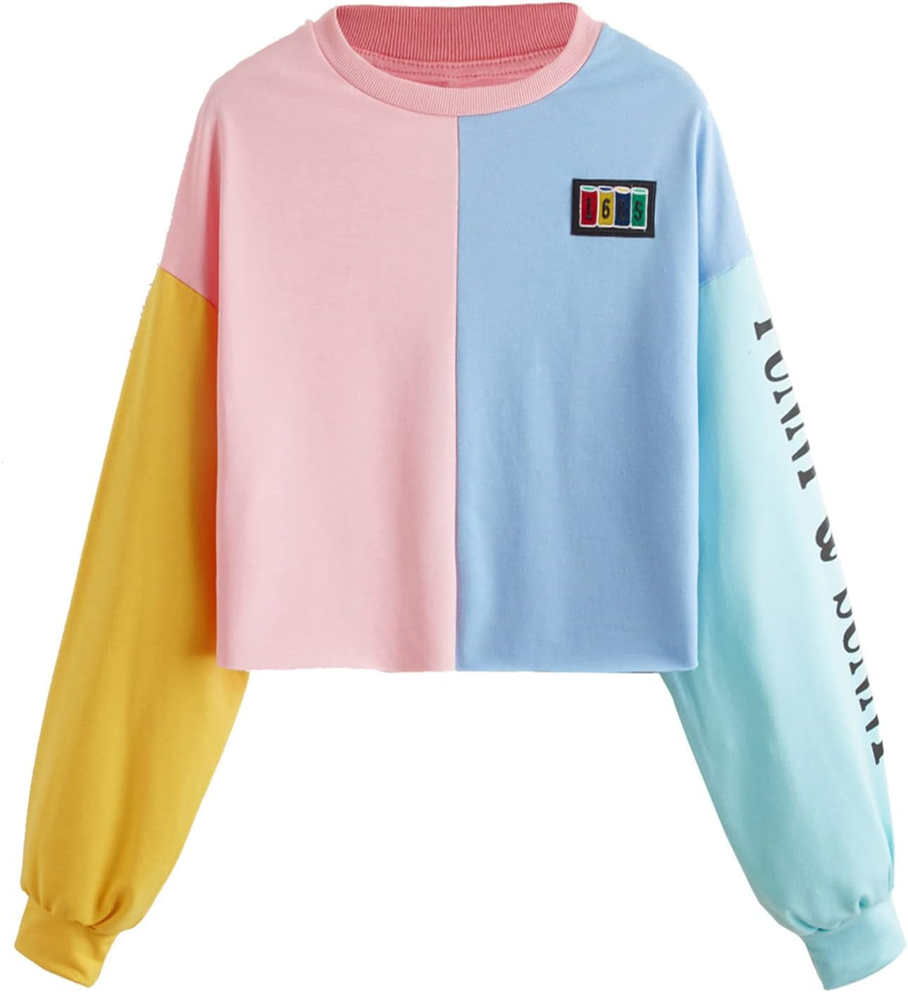 Women'S Letter Print Color Block Crop Sweatshirt Long Sleeve Pullover Tops