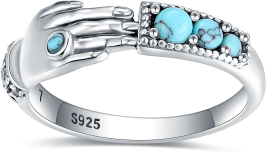 Sterling Silver Adjustable Hug Ring - White Gold/Rose Gold Plated Couple Hugging Band for Women Men'S Wedding - Turquoise Hand Jewelry for Her