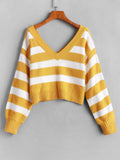 Women'S Double V Neck Striped Sweater Color Block Pullover Cropped Tops Yellow M