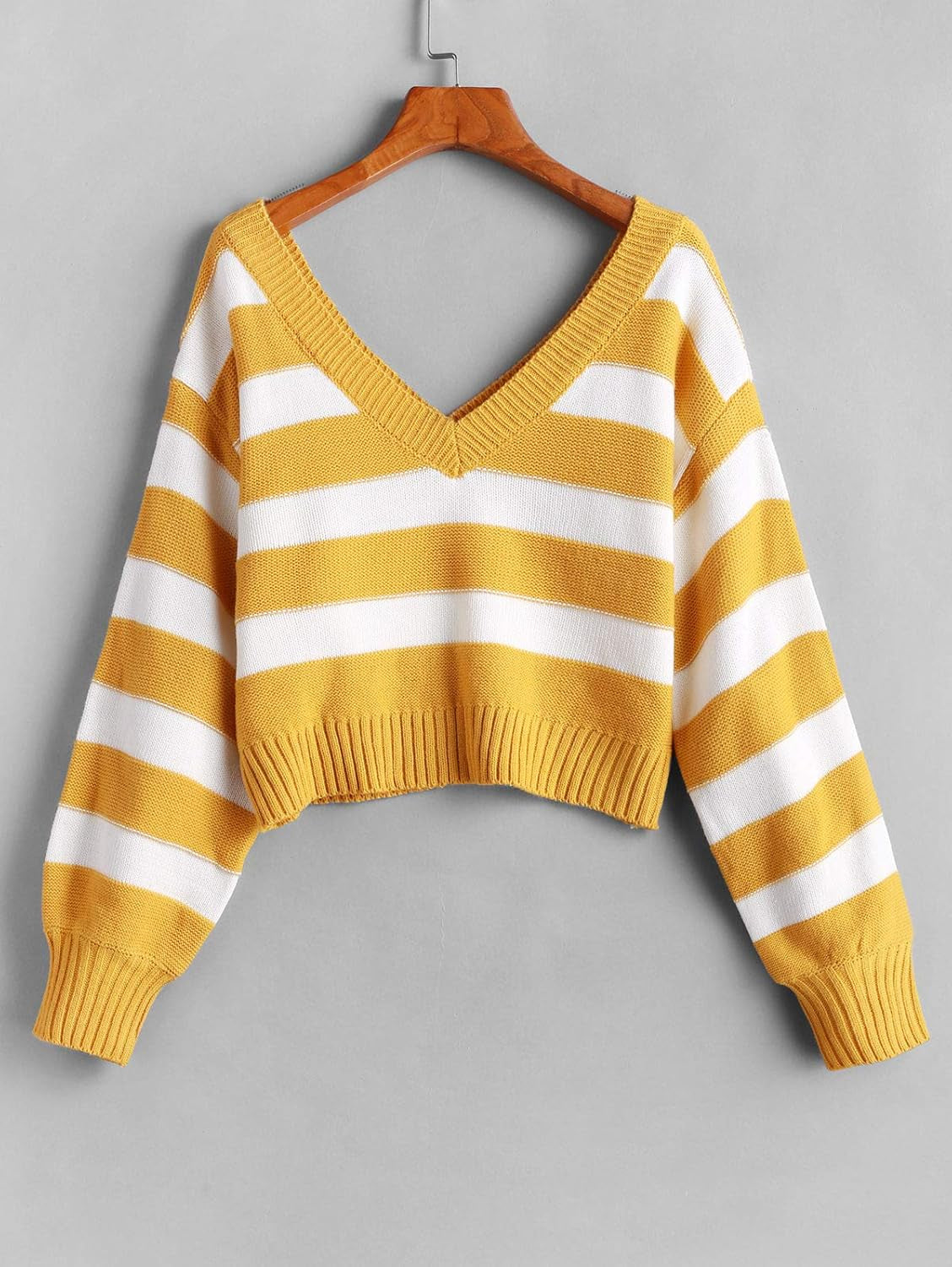 Women'S Double V Neck Striped Sweater Color Block Pullover Cropped Tops Yellow M