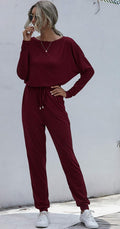 Women'S Boatneck Loose Drawstring Stretched Waist Long Sweat Romper Jumpsuit with Pocket (Wine Red, Large)