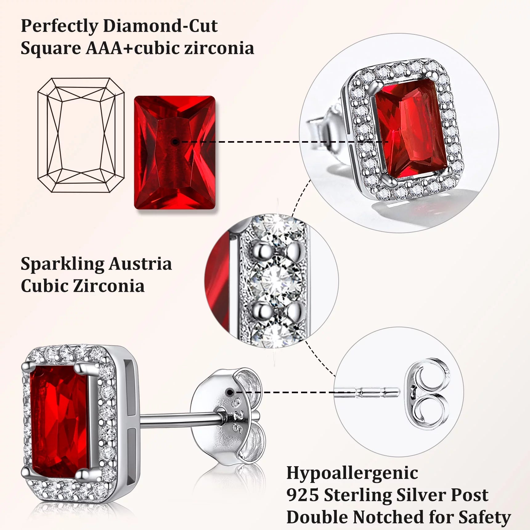 Square Diamond Stud Earrings January Garnet Birthstone Earrings, Sterling Silver Earrings Birthday Jewelry Gift for Women