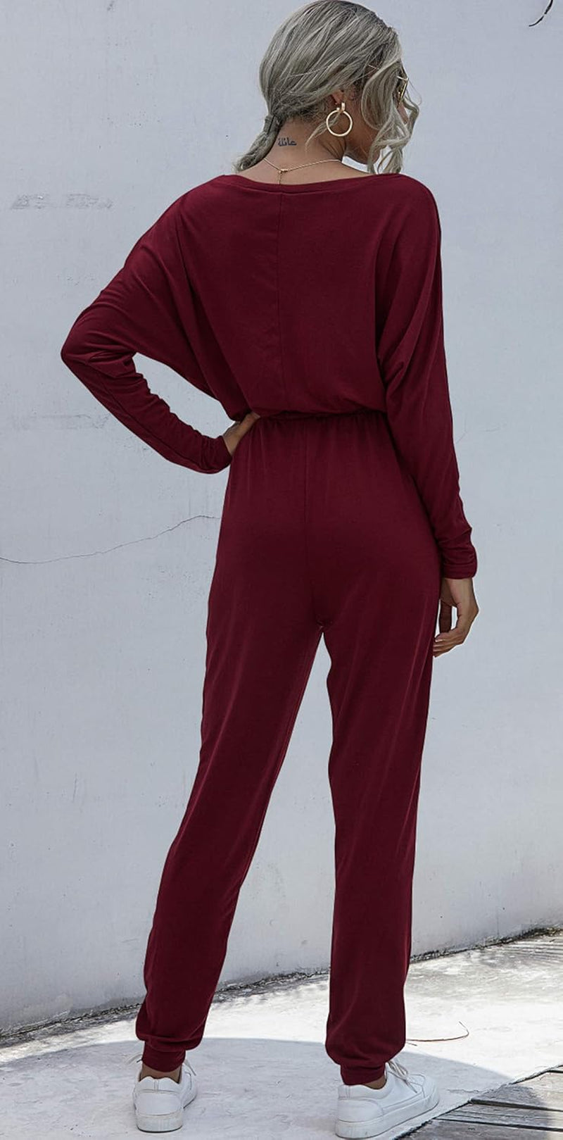 Women'S Boatneck Loose Drawstring Stretched Waist Long Sweat Romper Jumpsuit with Pocket (Wine Red, Large)