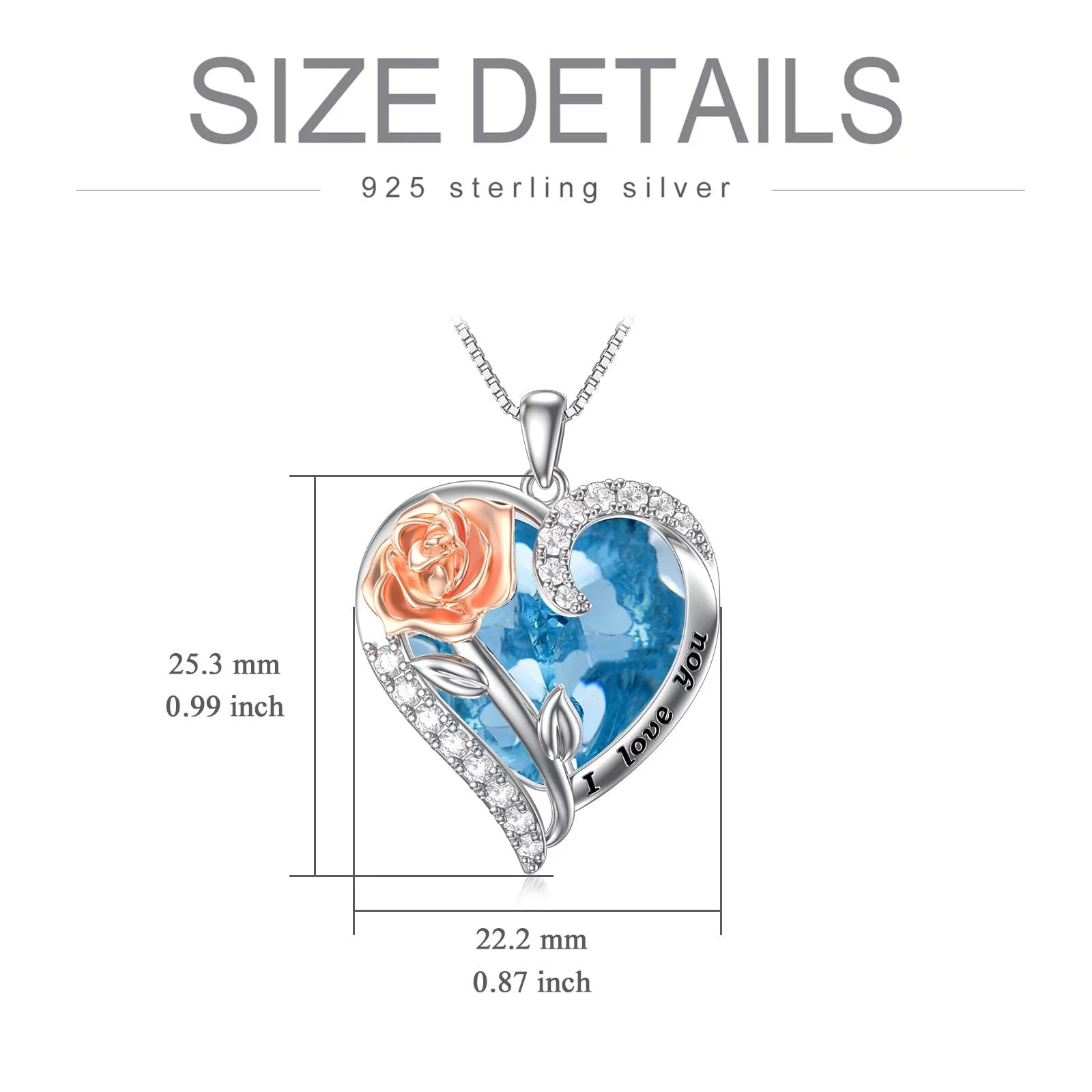 Valentines Day Gifts for Women Sterling Silver Rose Flower Pendant Necklaces with Heart Crystal March Birthstone Necklace Pendant Jewelry Valentines Day Gifts,Created Aquamarine