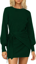 Women'S Ruched Tie Waist Mini Dresses Crewneck Knitted Sweater Dress