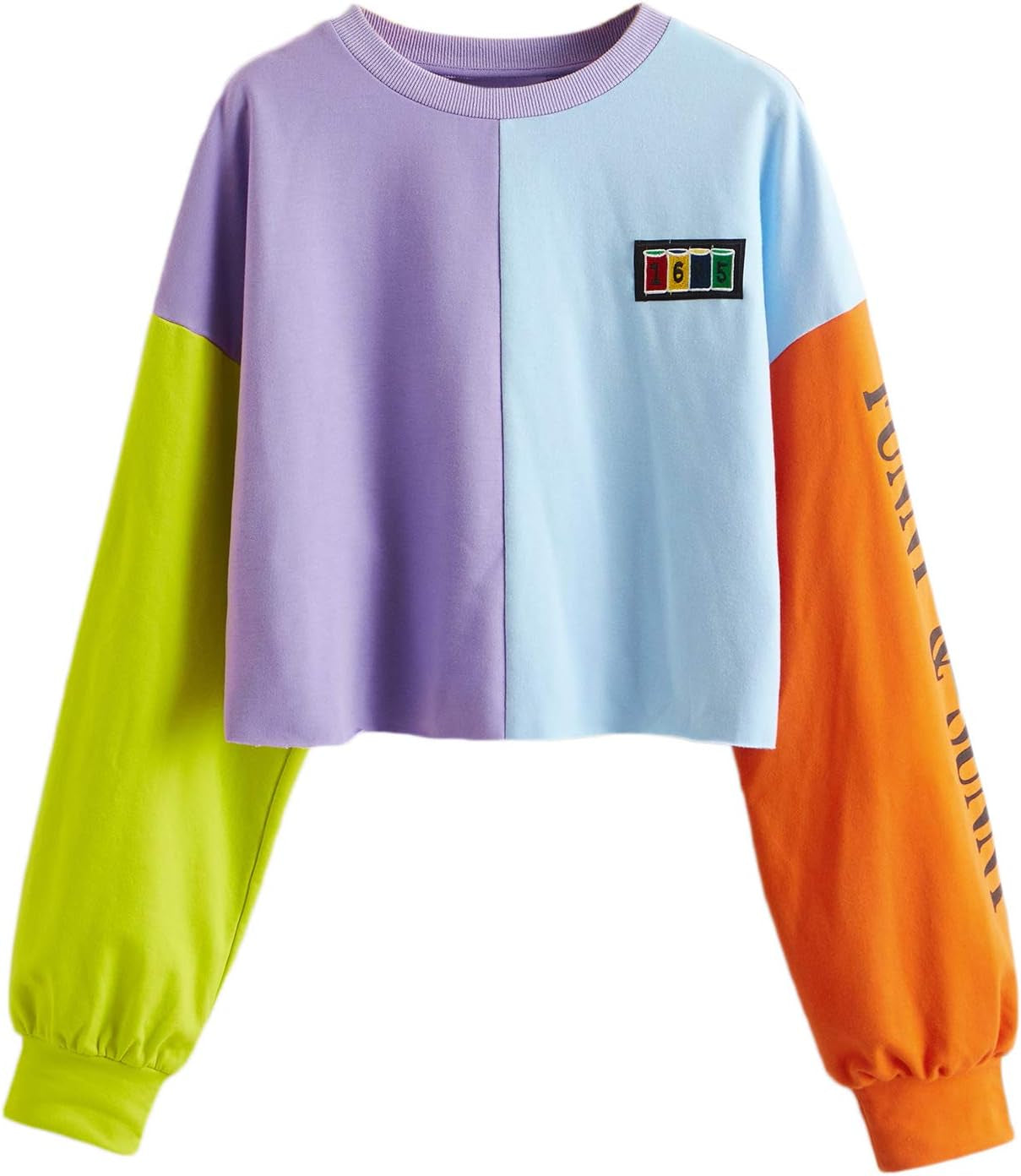 Women'S Letter Print Color Block Crop Sweatshirt Long Sleeve Pullover Tops