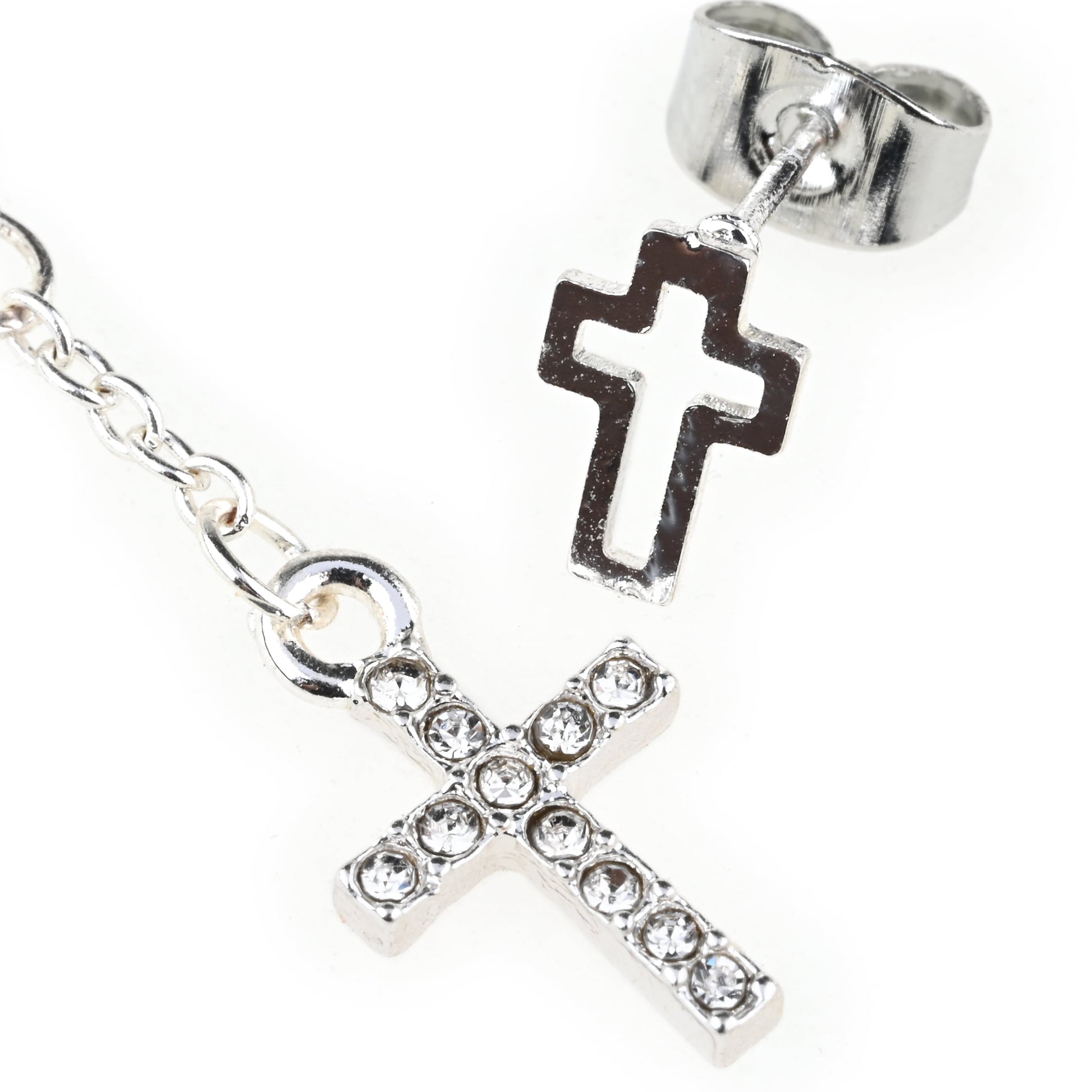 Tween Silver and Rhinestone Cross Earring Set, Stud and Dangle Earrings, 4 Pieces