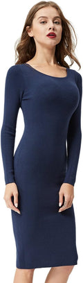 Women'S Knee Length Long Sleeve Knitted Ribbed Screw Neck Bodycon Winter Sweater Dresses 2616