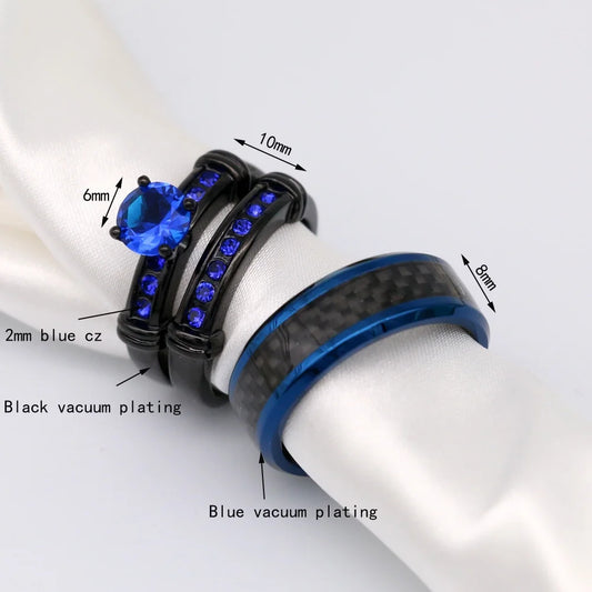 Matching Ring Couple Rings Black Gold Plated 1CT Blue CZ Wedding Ring Sets Male Ring