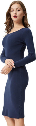 Women'S Knee Length Long Sleeve Knitted Ribbed Screw Neck Bodycon Winter Sweater Dresses 2616