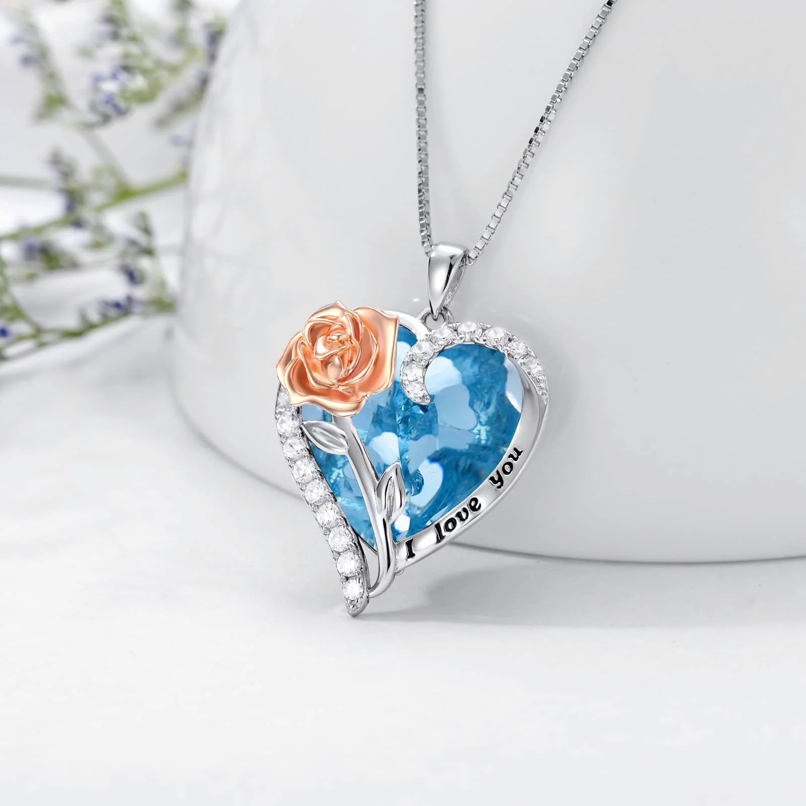 Valentines Day Gifts for Women Sterling Silver Rose Flower Pendant Necklaces with Heart Crystal March Birthstone Necklace Pendant Jewelry Valentines Day Gifts,Created Aquamarine