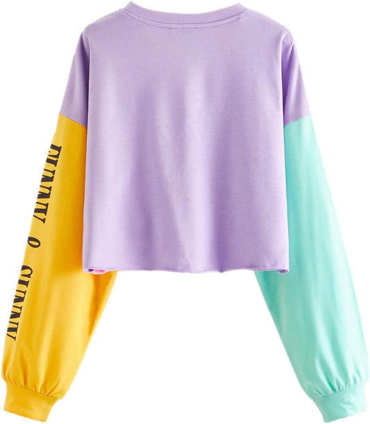 Women'S Letter Print Color Block Crop Sweatshirt Long Sleeve Pullover Tops