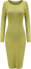 Women'S Knee Length Long Sleeve Knitted Ribbed Screw Neck Bodycon Winter Sweater Dresses 2616