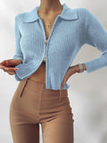 Women'S V Neck Ribbed Button up Cardigan Solid Knitwear Long Sleeve Surplice Crop Tops Sweaters