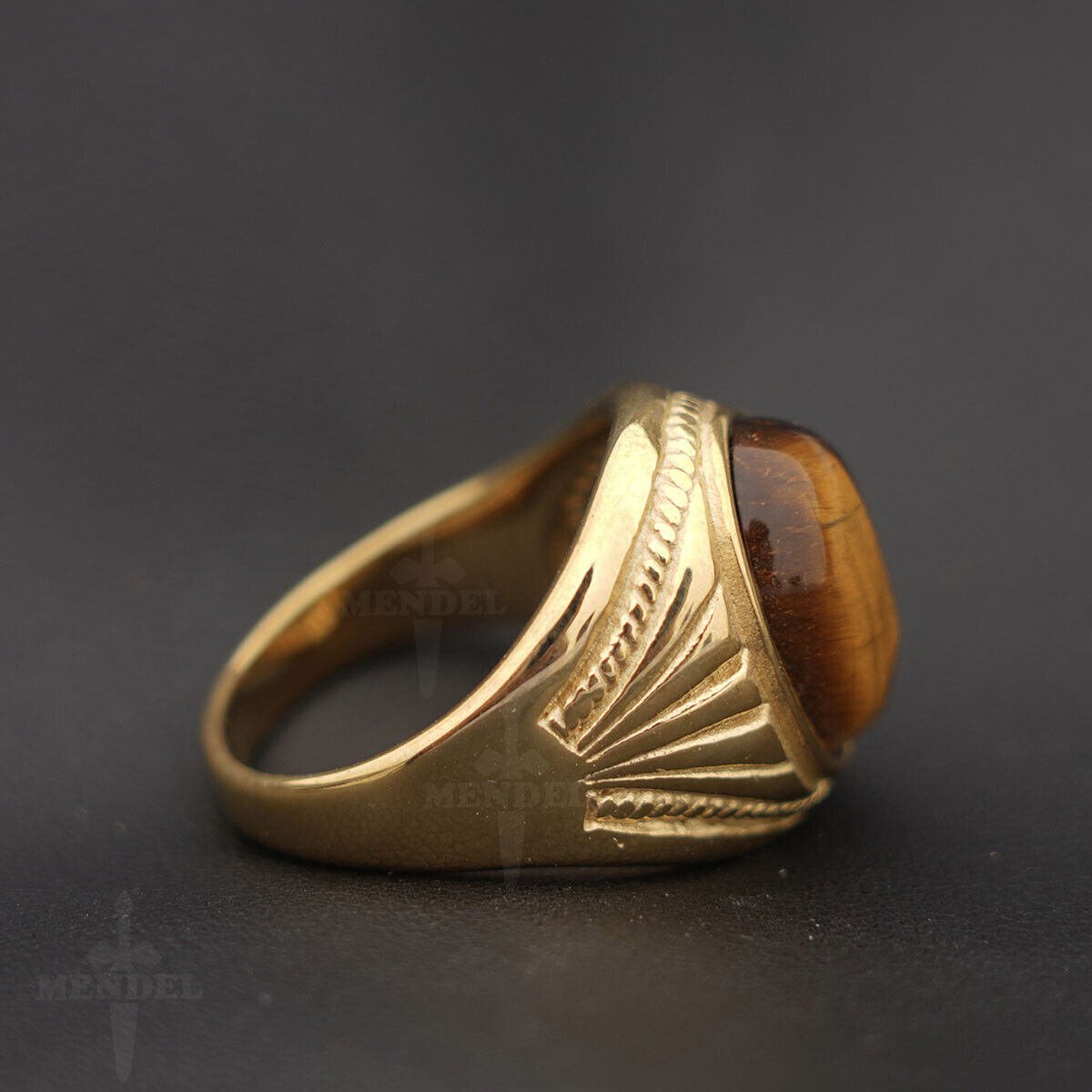 MENDEL Mens Stainless Steel Gold Plated Natural Tiger Eye Stone Ring Size 7-15