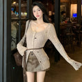 Spring Autumn Women'S Sweater Solid Color Hollow Out Hole Split Slim Leisure Temperament Knitted Long Sleeves Cardigan