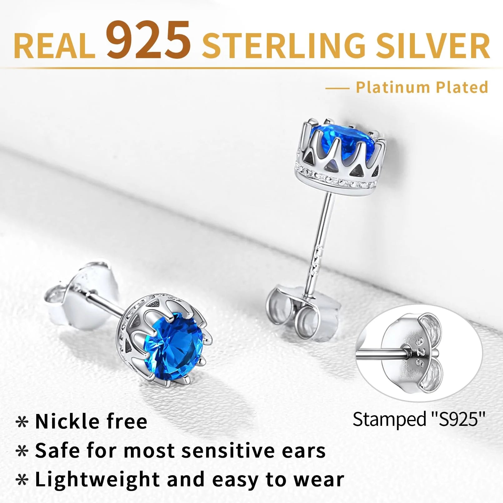 Crown Stud Earrings in Sterling Silver, 5MM December Birthstone Earring Valentine'S Day Gift for Women Ladies