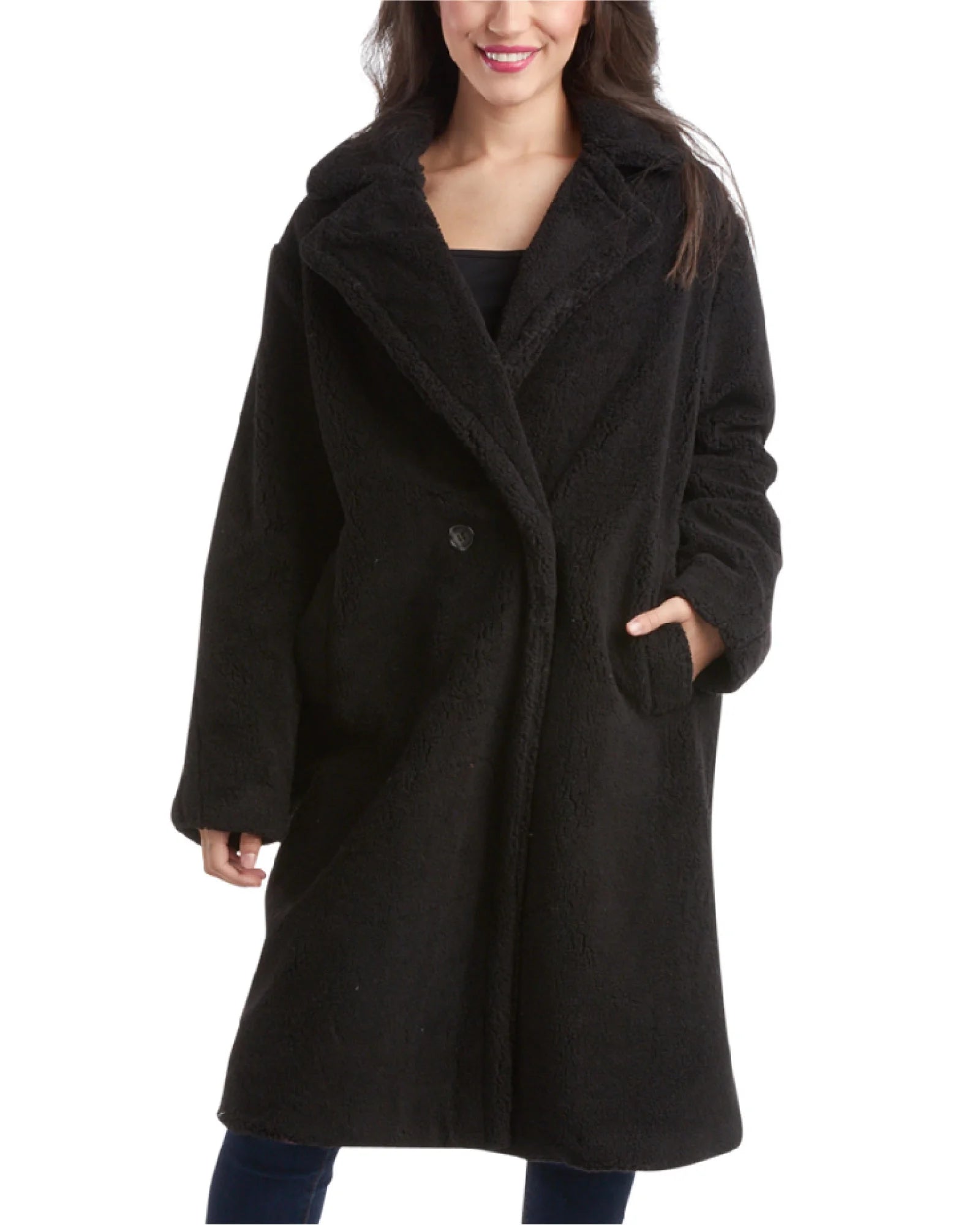 Women'S Winter Coat - Full Length Double Breasted Sherpa Fleece Peacoat (Size: S-XL)