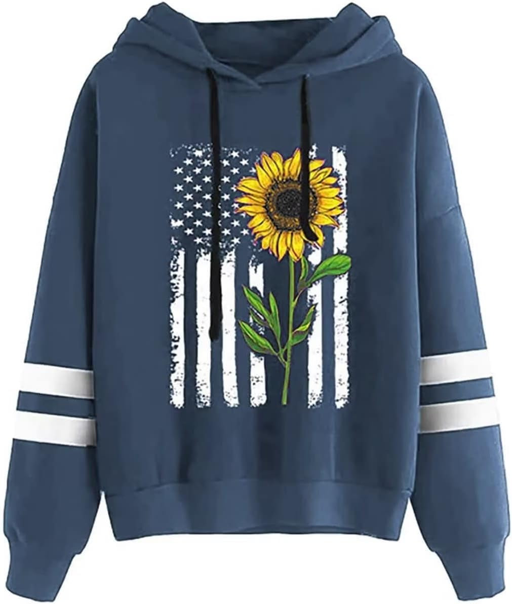 Women Sunflower Print Sweatshirts Color Block Long Sleeve Hoodies Lightweight Drawstring Pullover Tops