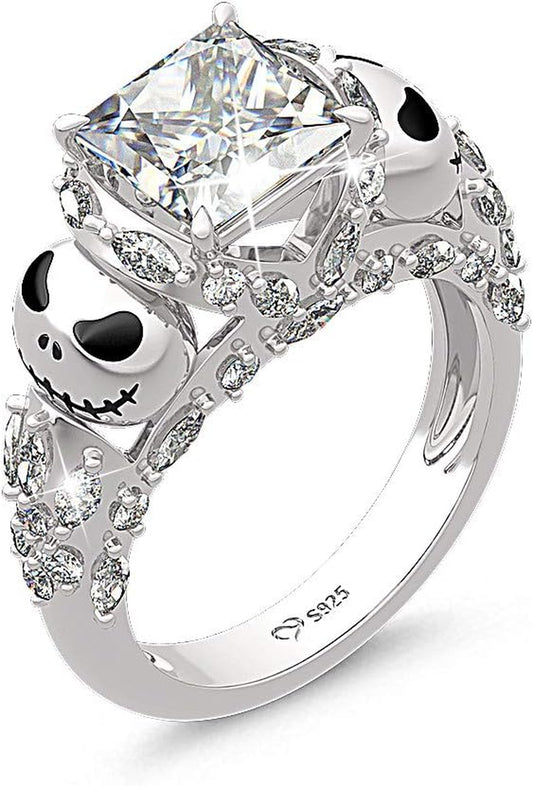Jack Nightmare Rings Women Christmas Skull Rings 925 Sterling Silver Princess Cut Band Ring Anniversary Promise Romantic Christmas Gifts for Her