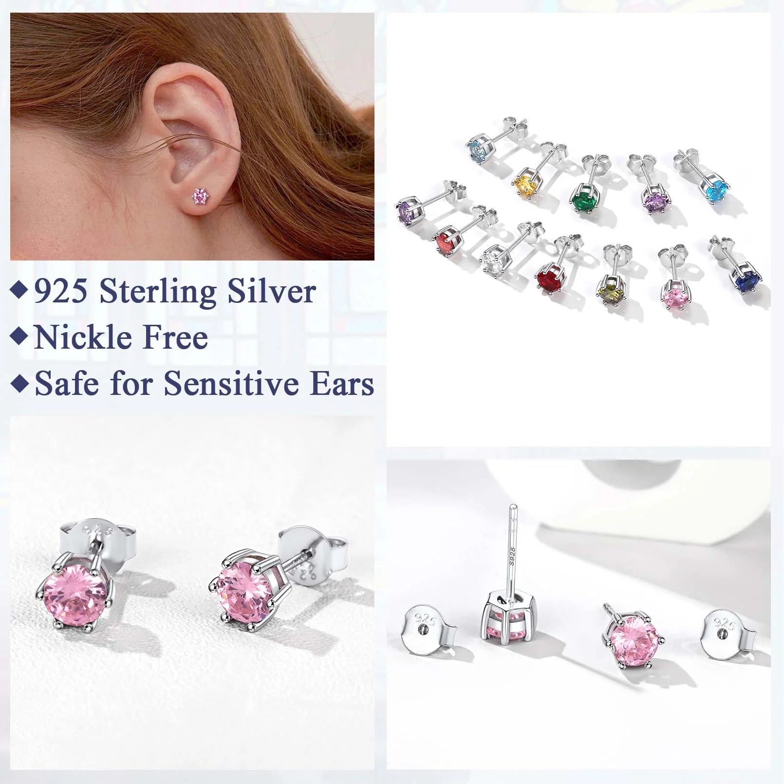 925 Sterling Silver round Stud Earrings for Women October Pink Tourmaline Birthstone Earrings Jewelry Gift for Mother Birthday Christmas