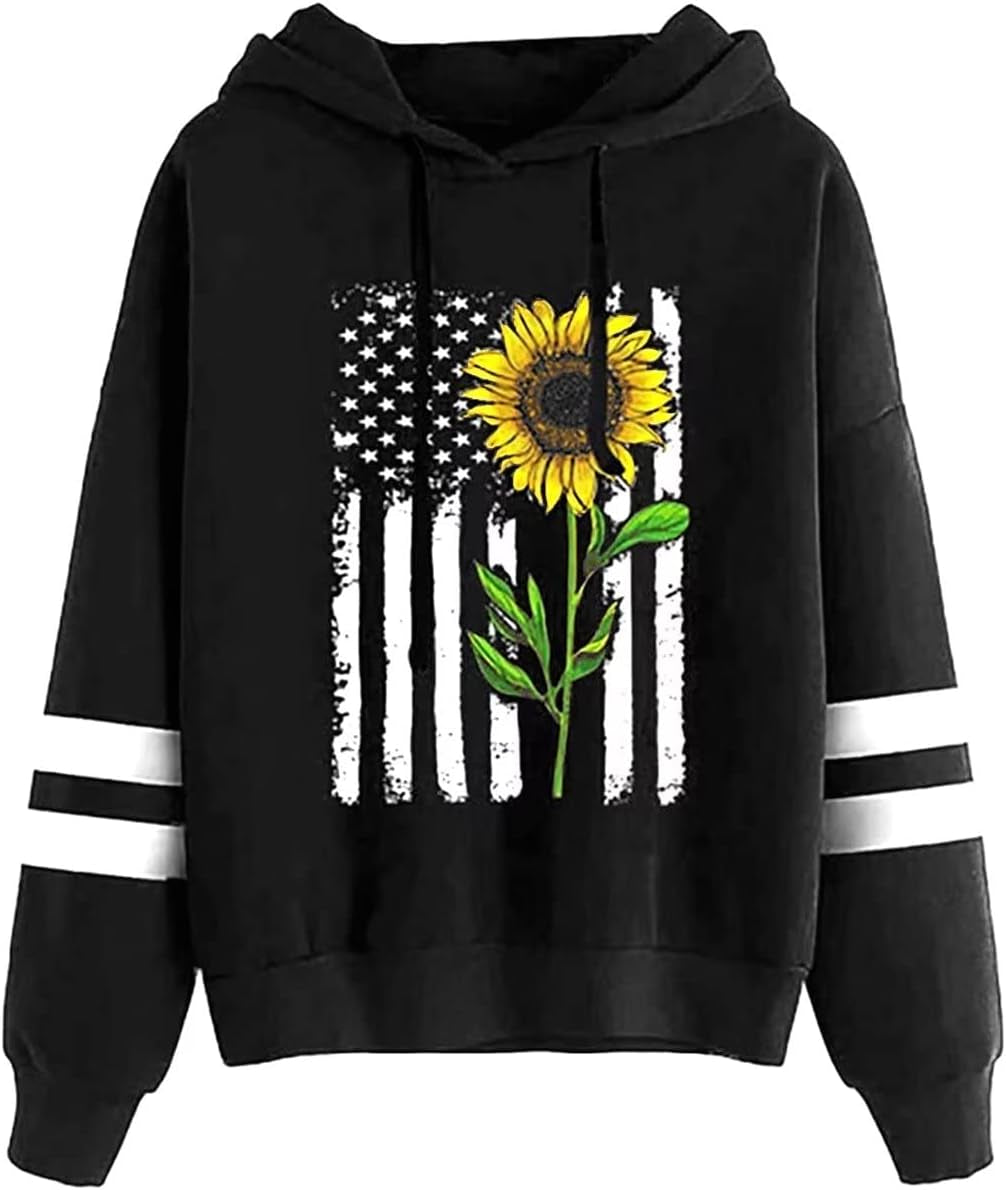 Women Sunflower Print Sweatshirts Color Block Long Sleeve Hoodies Lightweight Drawstring Pullover Tops