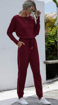 Women'S Boatneck Loose Drawstring Stretched Waist Long Sweat Romper Jumpsuit with Pocket (Wine Red, Large)