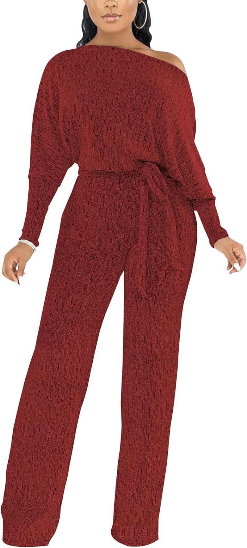 Sexy Sparkly Sequin Jumpsuits for Women Elegant plus Size off Shoulder Long Sleeves Wide Leg Pants Clubwear Rompers,Wine Red