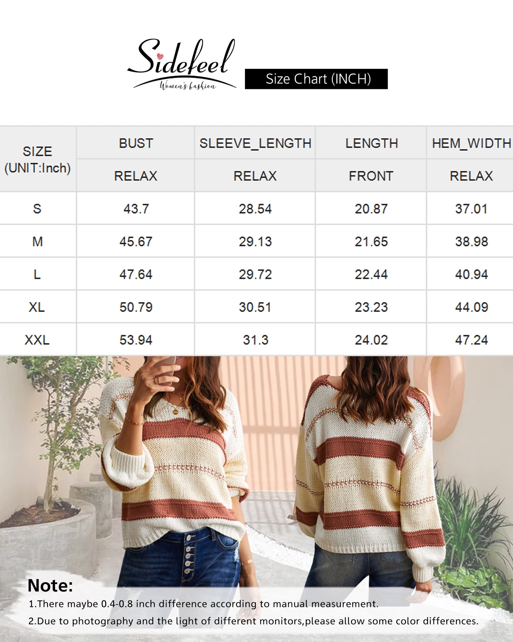 Womens Loose V Neck Sweater Oversized Ladies Color Block Knitted Tops Lantern Sleeve Pullover Shirts M 8-10