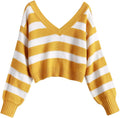 Women'S Double V Neck Striped Sweater Color Block Pullover Cropped Tops Yellow M