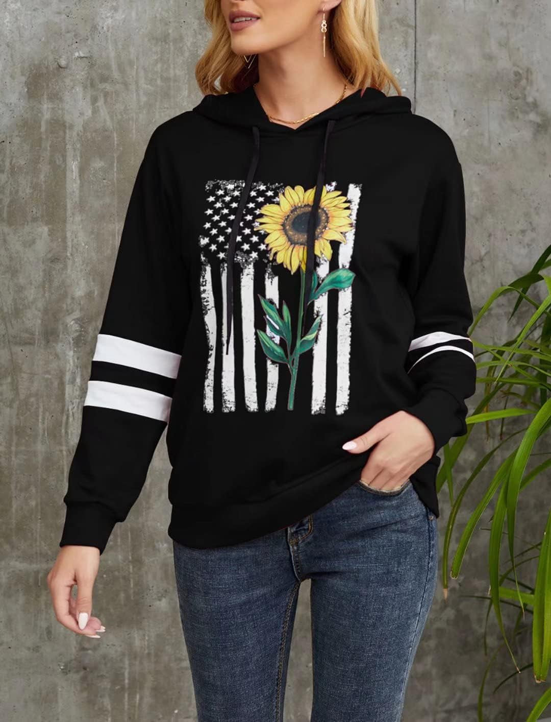 Women Sunflower Print Sweatshirts Color Block Long Sleeve Hoodies Lightweight Drawstring Pullover Tops