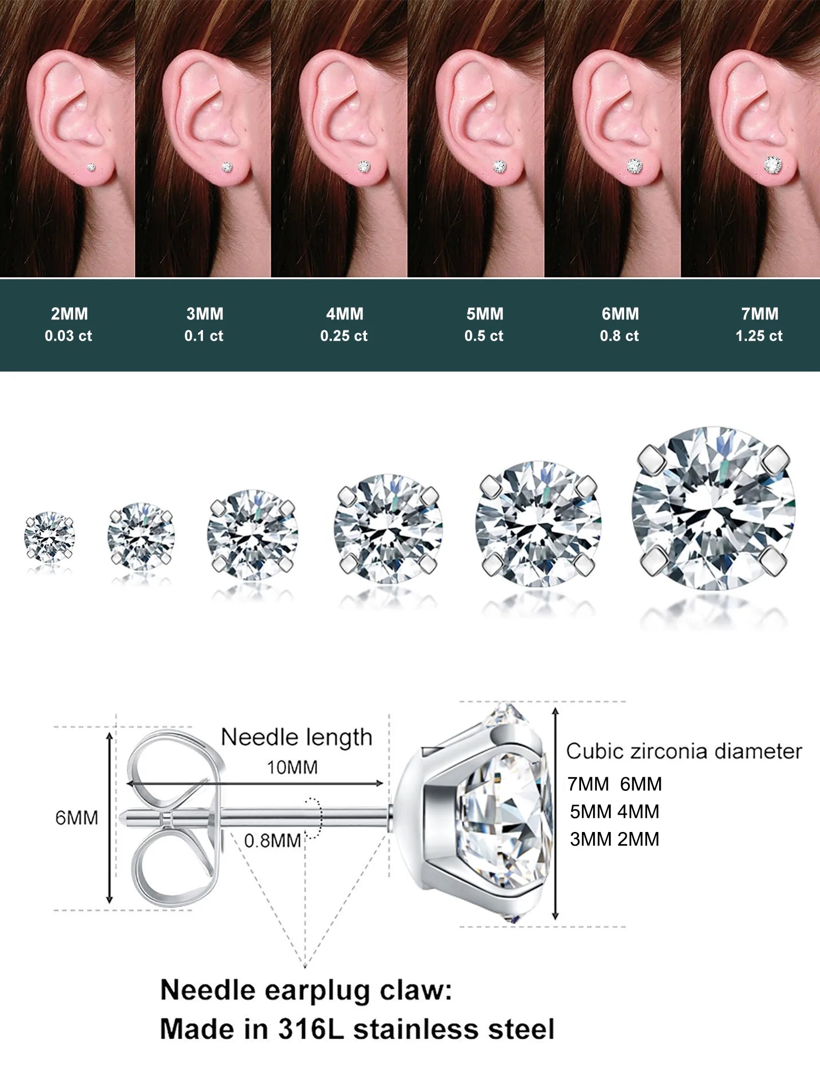 6 Pairs Stud Earrings Hypoallergenic Surgical Steel Cubic Zirconia Earrings