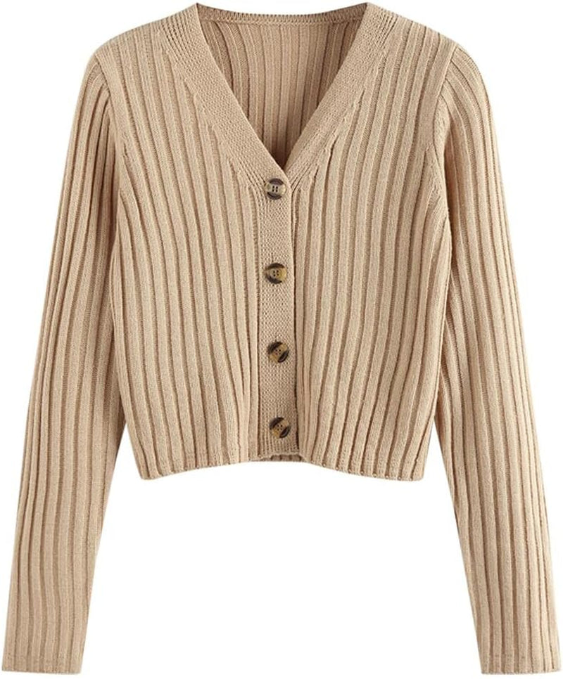 Women'S V Neck Ribbed Button up Cardigan Solid Knitwear Long Sleeve Surplice Crop Tops Sweaters