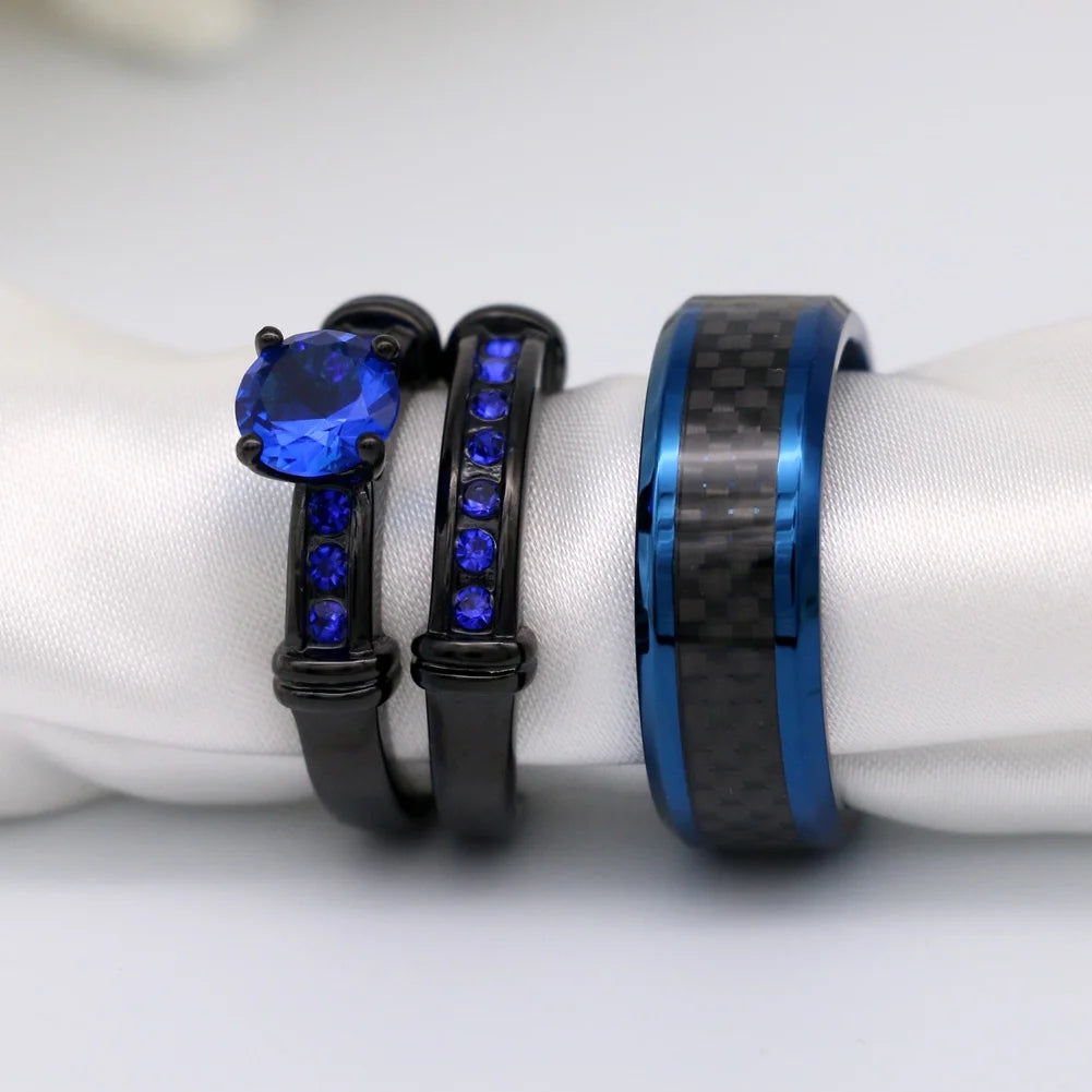 Matching Ring Couple Rings Black Gold Plated 1CT Blue CZ Wedding Ring Sets Male Ring