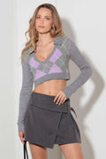 Argyle Collared V-Neck Long Sleeve Crop Sweater