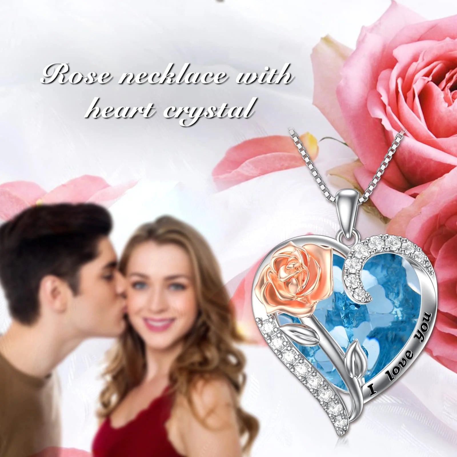 Valentines Day Gifts for Women Sterling Silver Rose Flower Pendant Necklaces with Heart Crystal March Birthstone Necklace Pendant Jewelry Valentines Day Gifts,Created Aquamarine