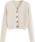 Women'S V Neck Ribbed Button up Cardigan Solid Knitwear Long Sleeve Surplice Crop Tops Sweaters